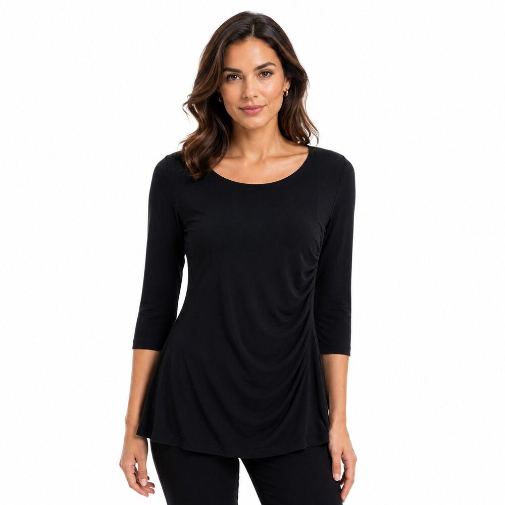 Chico's Travelers Tunic Blouse Womens M Black Scoop Neck 3/4 Sleeve Stretch Top